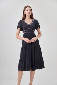 Alma Embroidered Tiered Midi Dress In Black