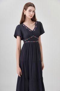 Alma Embroidered Tiered Midi Dress In Black