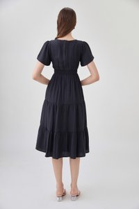 Alma Embroidered Tiered Midi Dress In Black