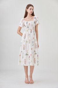 Chaya Botanical Garden Smocked Midi Dress In Light Cream