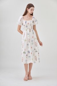 Chaya Botanical Garden Smocked Midi Dress In Light Cream