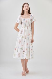 Chaya Botanical Garden Smocked Midi Dress In Light Cream