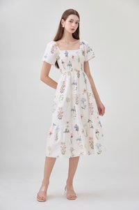 Chaya Botanical Garden Smocked Midi Dress In Light Cream