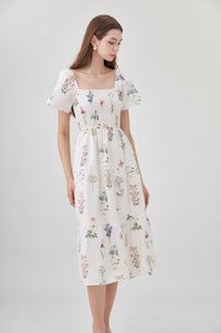 Chaya Botanical Garden Smocked Midi Dress In Light Cream