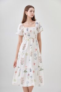 Chaya Botanical Garden Smocked Midi Dress In Light Cream