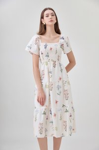 Chaya Botanical Garden Smocked Midi Dress In Light Cream