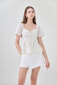 Adelyn Embroidery Sweetheart Ribbon Top In Blue Wildflower