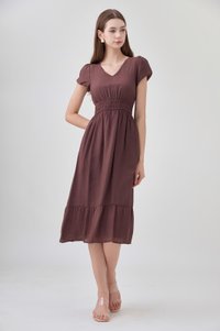 Rhea Textured Smocked Waist Midi Dress In Brown