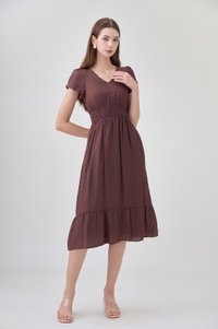 Rhea Textured Smocked Waist Midi Dress In Brown
