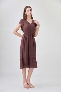 Rhea Textured Smocked Waist Midi Dress In Brown