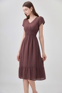 Rhea Textured Smocked Waist Midi Dress In Brown