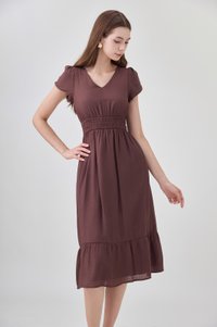 Rhea Textured Smocked Waist Midi Dress In Brown