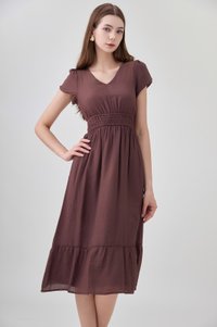 Rhea Textured Smocked Waist Midi Dress In Brown