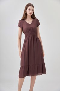 Rhea Textured Smocked Waist Midi Dress In Brown