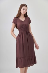 Rhea Textured Smocked Waist Midi Dress In Brown