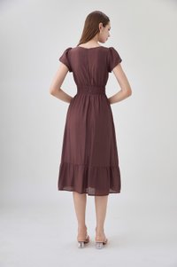Rhea Textured Smocked Waist Midi Dress In Brown
