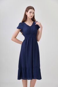 Rhea Textured Smocked Waist Midi Dress In Navy