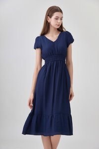 Rhea Textured Smocked Waist Midi Dress In Navy