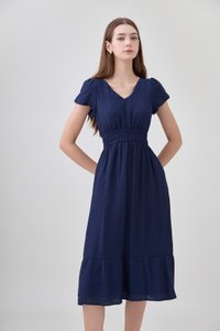 Rhea Textured Smocked Waist Midi Dress In Navy