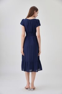 Rhea Textured Smocked Waist Midi Dress In Navy