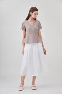 Fae Faux Wrap Peplum Top In Mushroom
