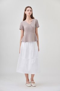 Fae Faux Wrap Peplum Top In Mushroom