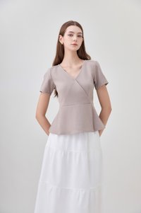 Fae Faux Wrap Peplum Top In Mushroom