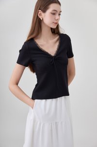 Ana Ribbon Lace Cotton Top In Black