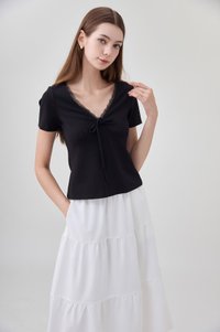 Ana Ribbon Lace Cotton Top In Black