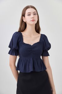 Ariyah Smocked Ruched Ruffles Top In Navy
