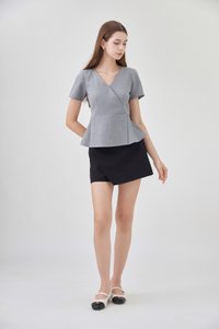 Fae Faux Wrap Peplum Top In Slate Grey