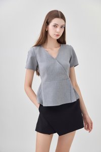Fae Faux Wrap Peplum Top In Slate Grey
