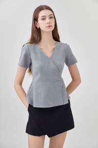 Fae Faux Wrap Peplum Top In Slate Grey