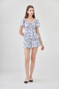 Emelia Toile Smocked Waist Ribbon Top In Navy