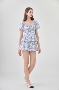 Emelia Toile Smocked Waist Ribbon Top In Navy