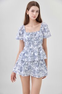 Emelia Toile Smocked Waist Ribbon Top In Navy