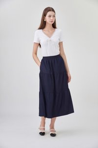 Lyla Elastic Waist Tiered Midi Skirt In Dark Wash