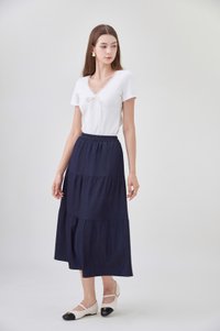 Lyla Elastic Waist Tiered Midi Skirt In Dark Wash