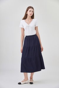 Lyla Elastic Waist Tiered Midi Skirt In Dark Wash