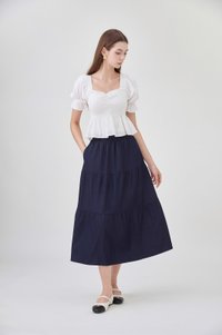 Lyla Elastic Waist Tiered Midi Skirt In Dark Wash