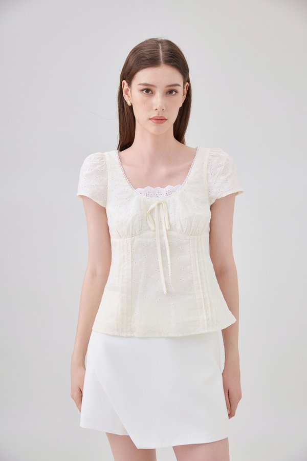 Coletta Eyelet Pintuck Ribbon Top In Cream
