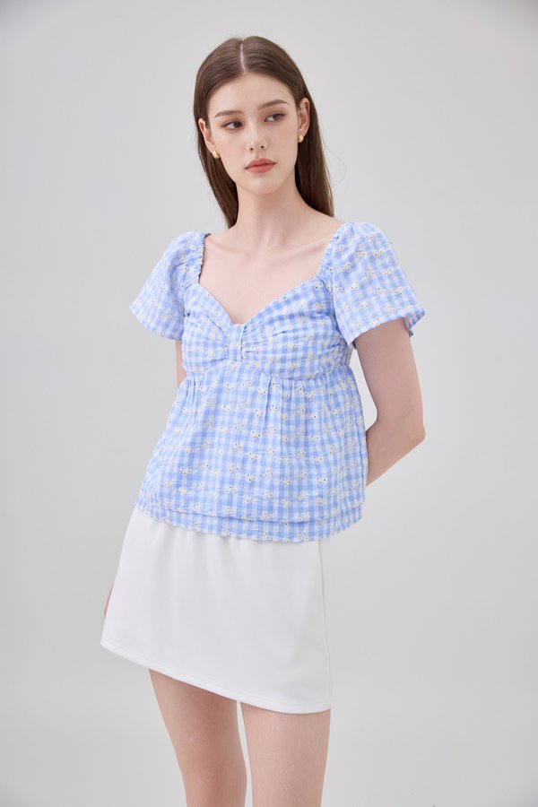 Germaine Eyelet Bow Gingham Top In Blue