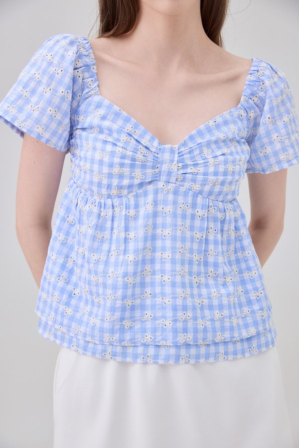 Germaine Eyelet Bow Gingham Top In Blue