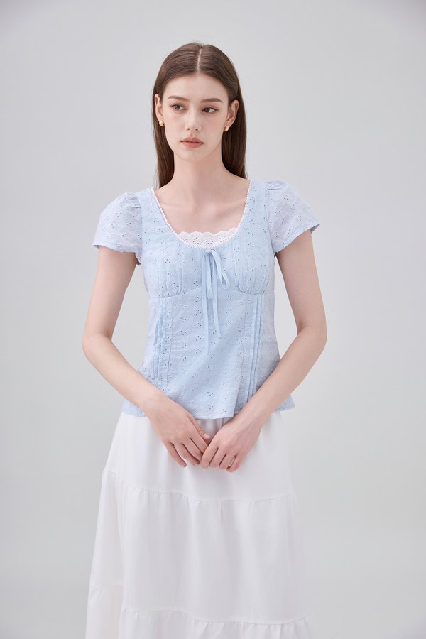 Coletta Eyelet Pintuck Ribbon Top In Blue