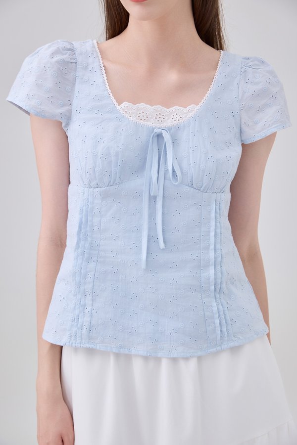 Coletta Eyelet Pintuck Ribbon Top In Blue