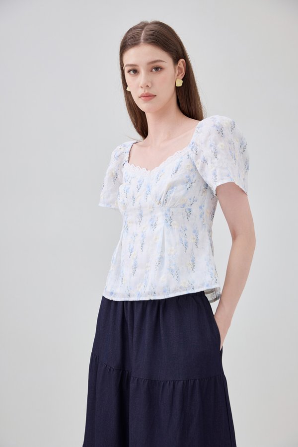 Renata Embroidery Floral Crochet Top In Blue