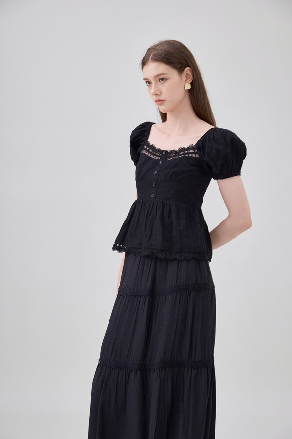 Darla Swiss Dot Crochet Babydoll Top In Black