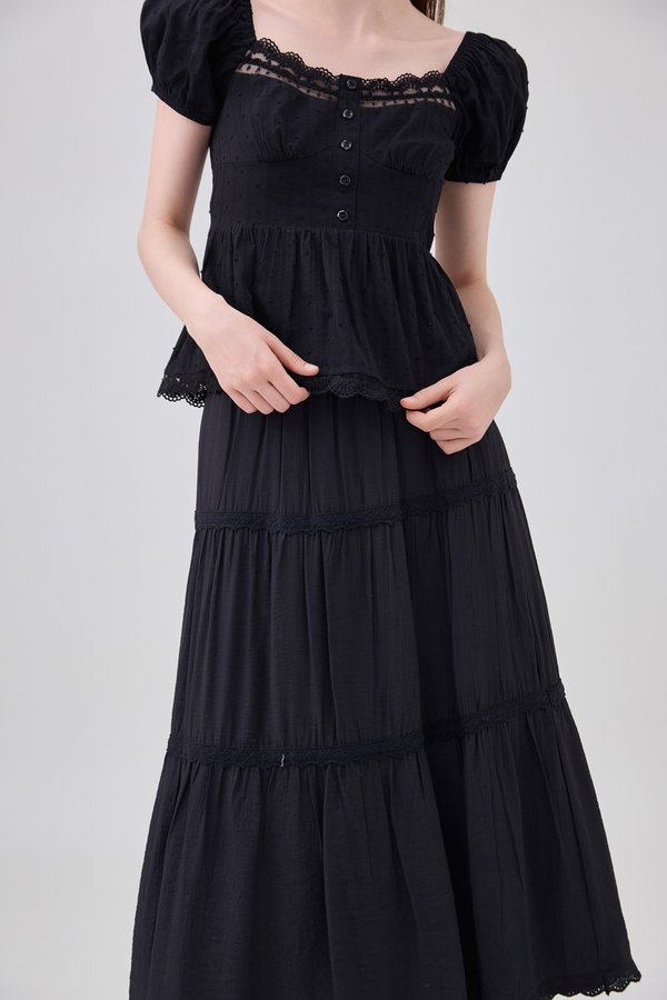 Annika Crochet Lace Tiered Midi Skirt In Black