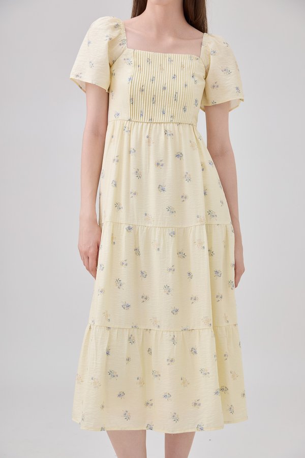 Lakelynn Pintuck Tiered Midi Dress In Pastel Yellow