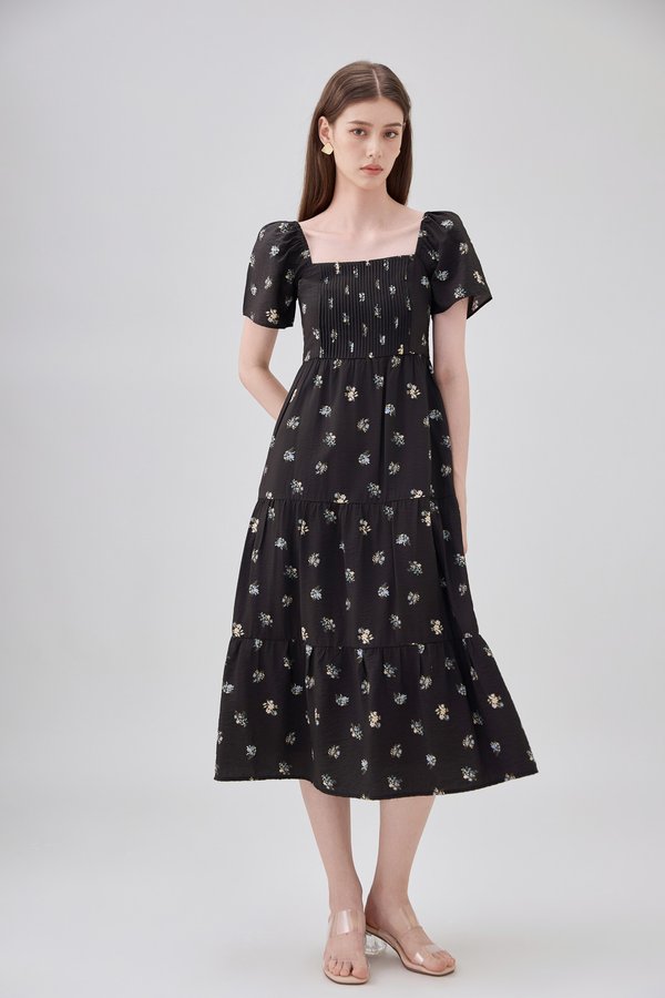 Lakelynn Pintuck Tiered Midi Dress In Black